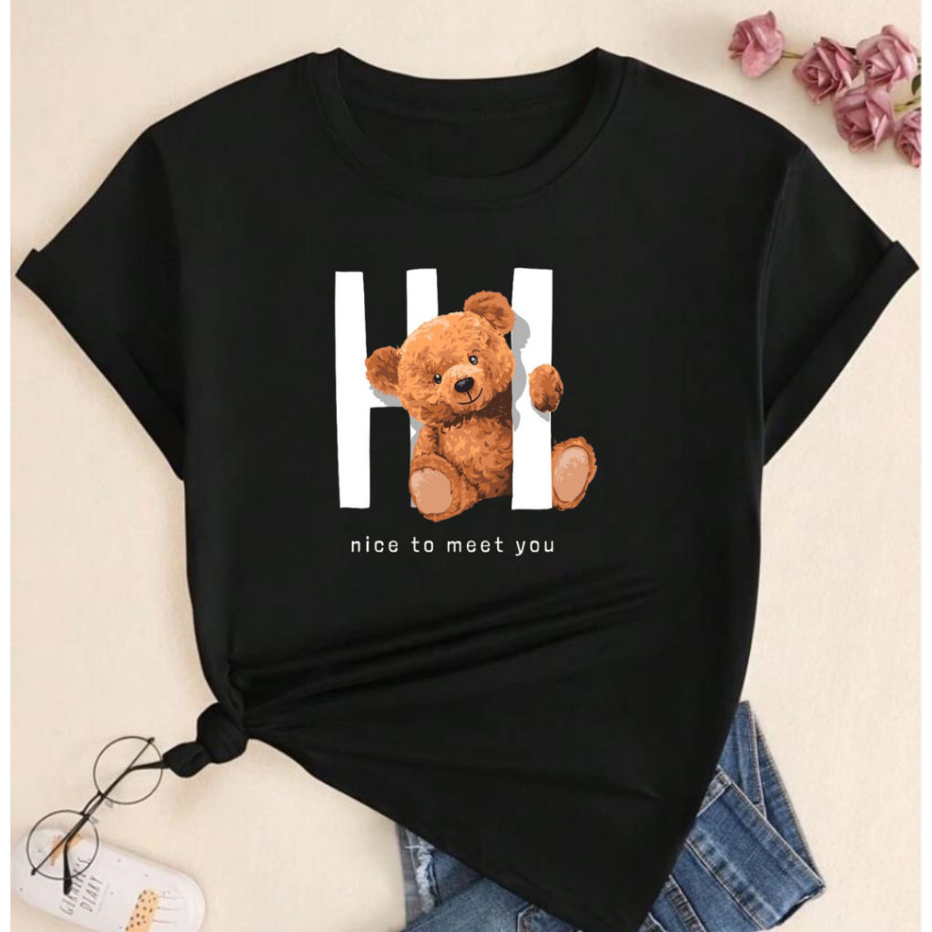 Camiseta Feminina Ursinho Hi Camisa Algodão Estampada Casual Premium