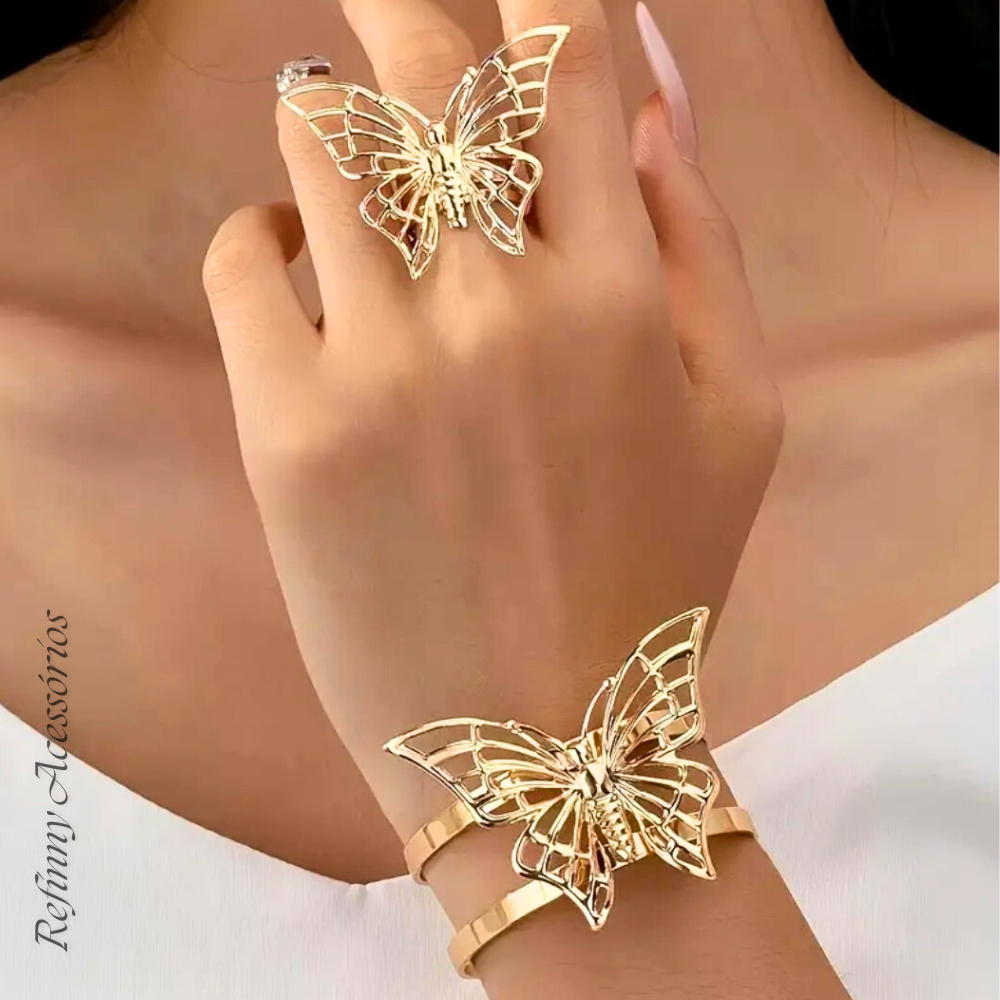 Bracelete Pulseira com Anel 2PCS Jóias Super Luxo Borboleta Banhado Ajustável Cores Prata ...