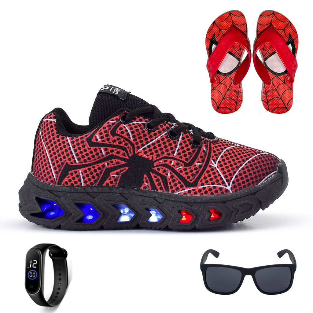 Tenis De Led Aranha Infantil Preto Masculino Meninos + Chinelo + Oculos + Relogio em Oferta na Shopee