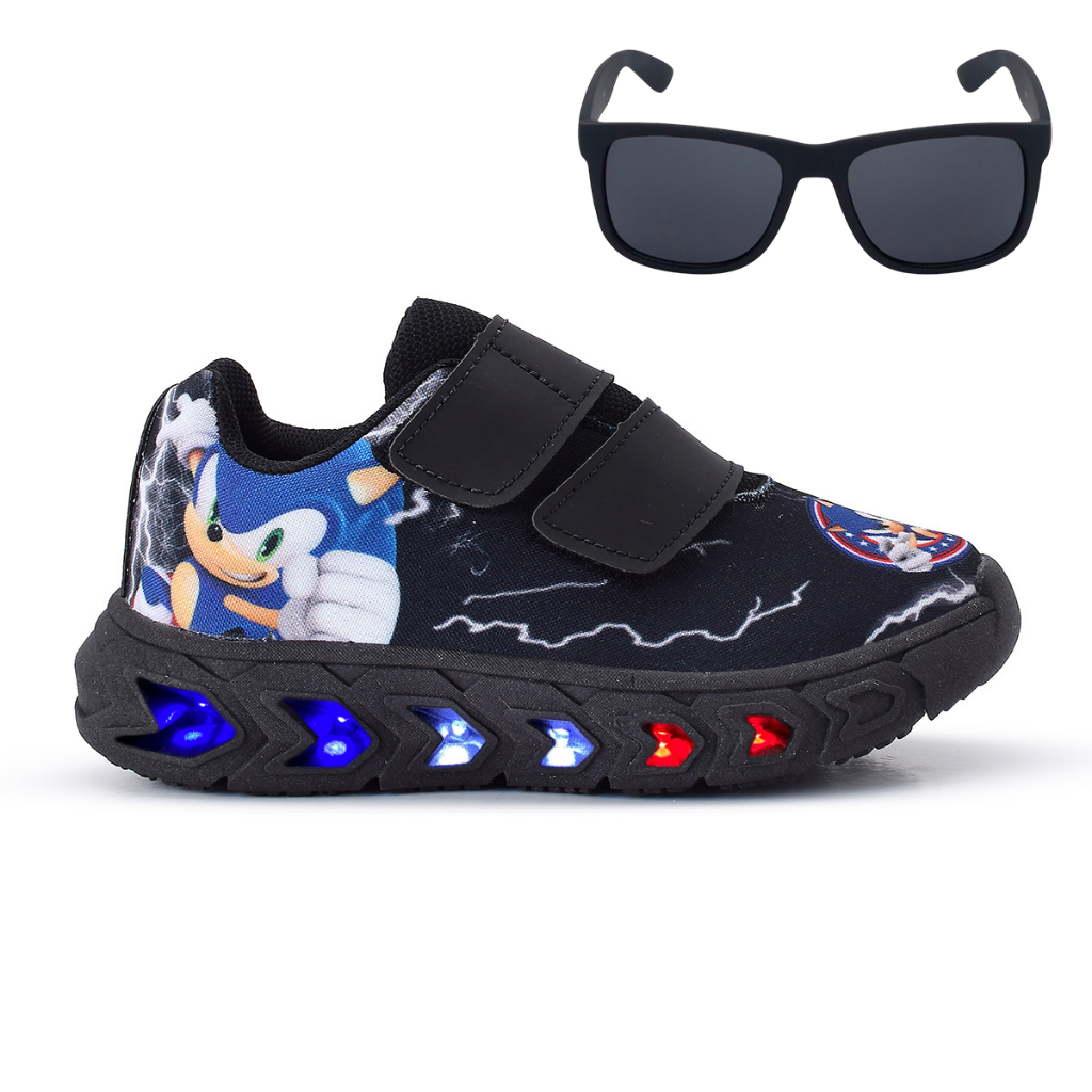 Kit Tenis Masculino Infantil De Led Meninos Sonic Confortavel Macio + Oculos