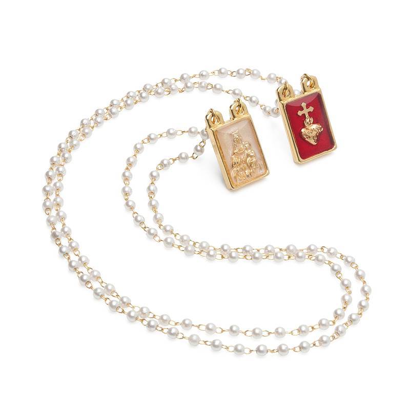 Escapulário de Pérola, Metal em Dourado e Resina de Nossa Senhora do Carmo - 40cm - com Caixa Acrílica em Oferta na Shopee