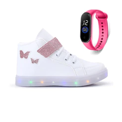 Tenis Infantil De Led Meninas Botinha Borboleta + Relogio