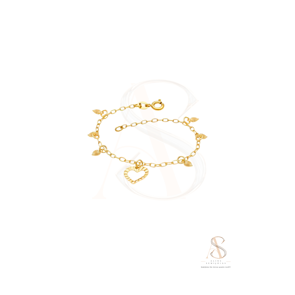 ALINE SEMIJOIAS Pulseira Coração Vazado e Corações Mini Diamantados Corrente Cadeado SemiJoia Banhada a Ouro
