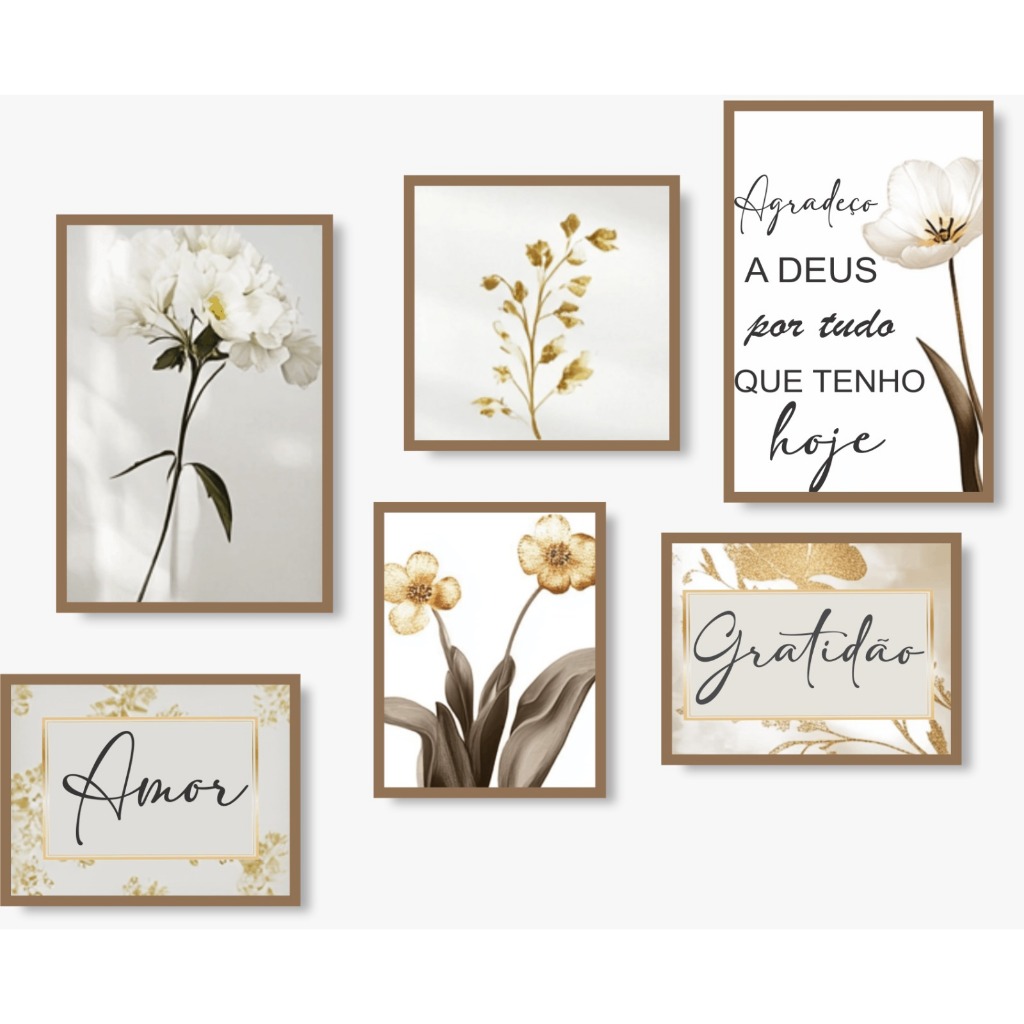 Kit 6 Quadros Decorativo Mdf Sala Grande Folhas Flores claras abstrato frases amor gratidão em Oferta na Shopee