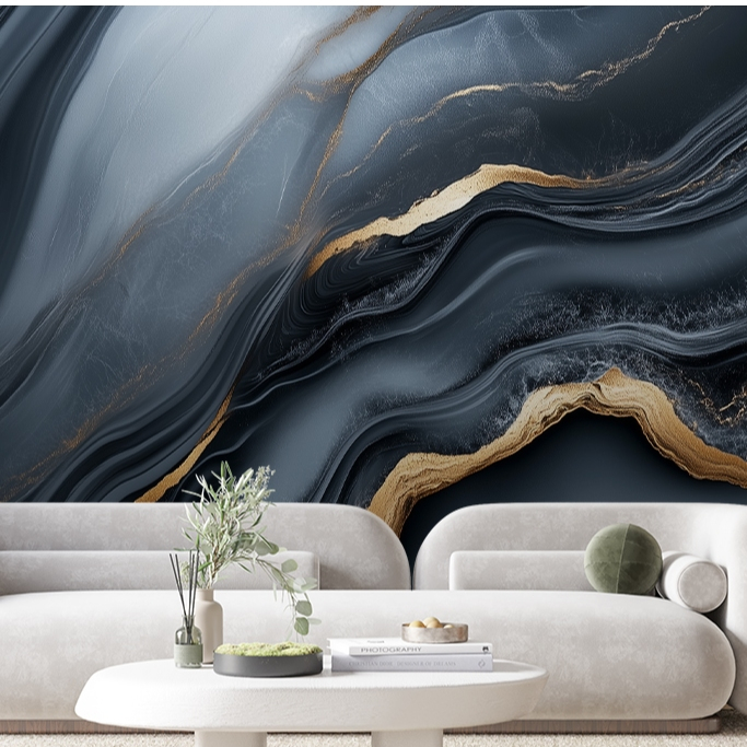 Papel de Parede Para Quarto Marmore Preto Dourado Sofisticado Adesivo Lavavel Sala Lavabo 3D