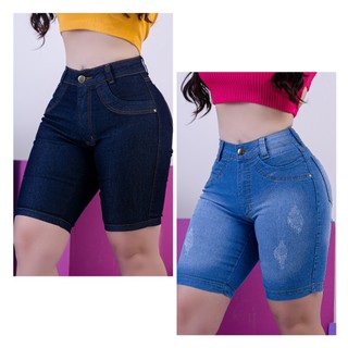 Bermuda Jeans Feminina Ciclista Lycra Elastano Tradicional Até o Joelho Cintura Alta Premium