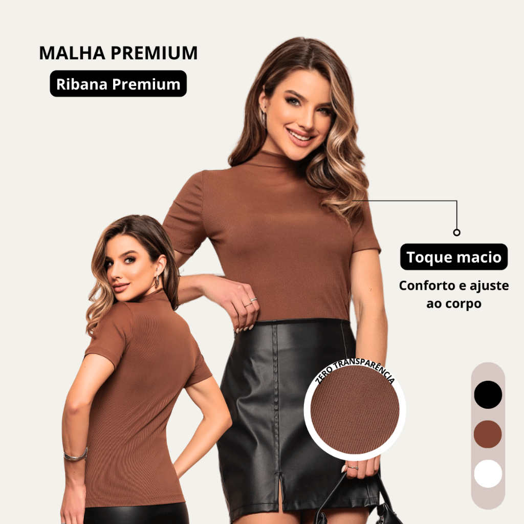 Blusa Feminina T-shirt Camiseta Gola Alta Algodão Premium Fashion