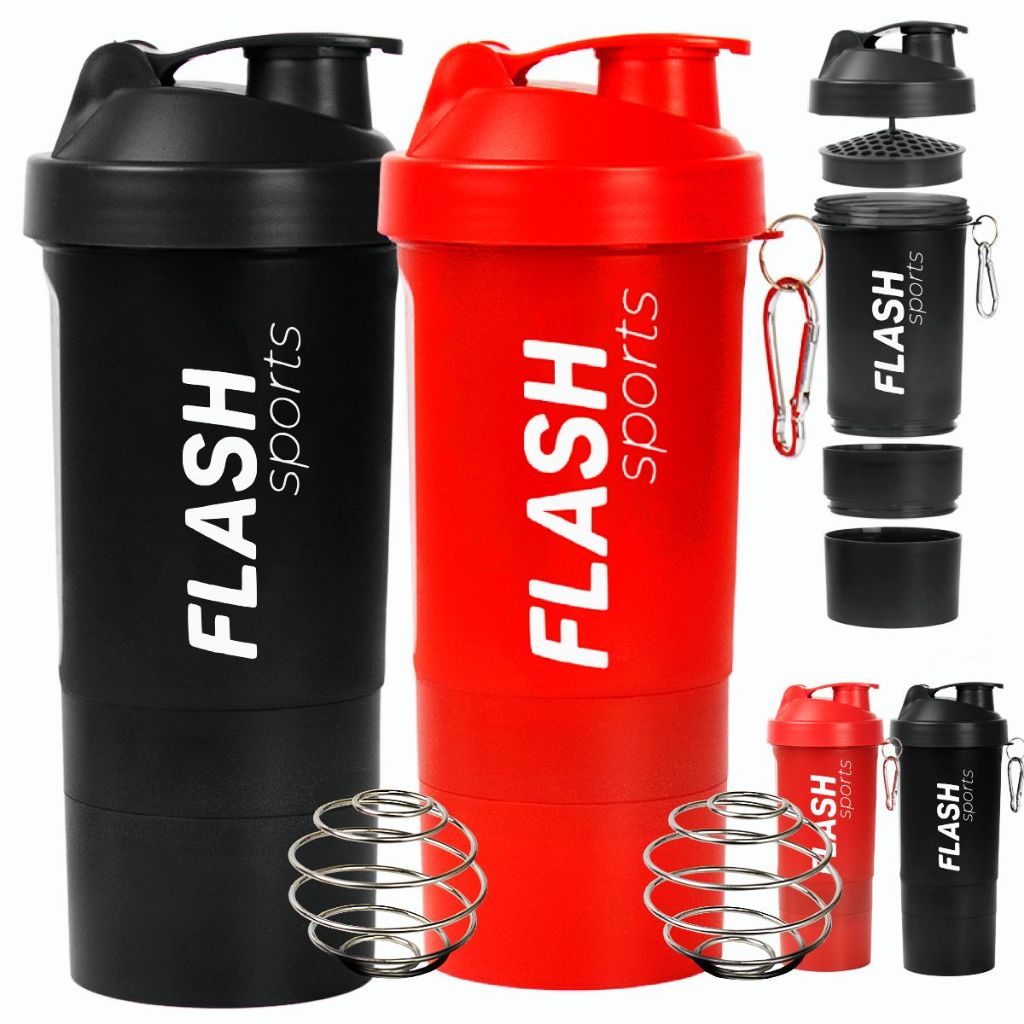Kit 2x Coqueteleira 500ml Shaker com 3 Compartimentos Garrafa Academia c/ Esfera Batedora Treino