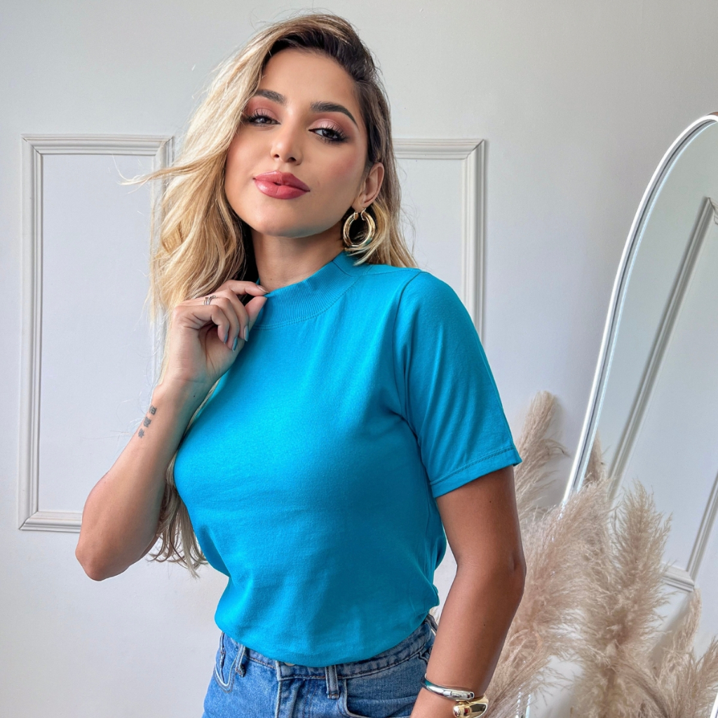 Camiseta Gola Alta em Ribana T-Shirt Blusa 100% Algodão