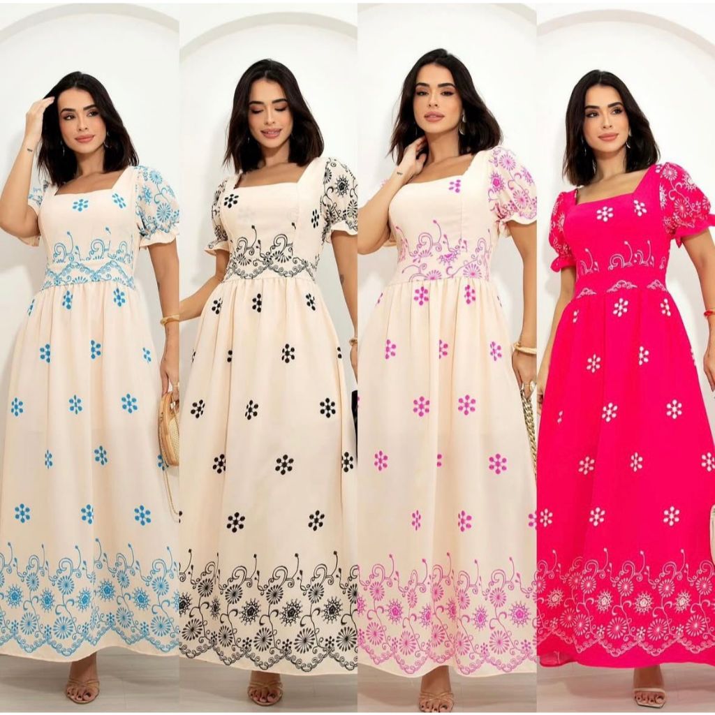 Vestido longo luxo elegante estampado crepinho manga princesa moda evangélica