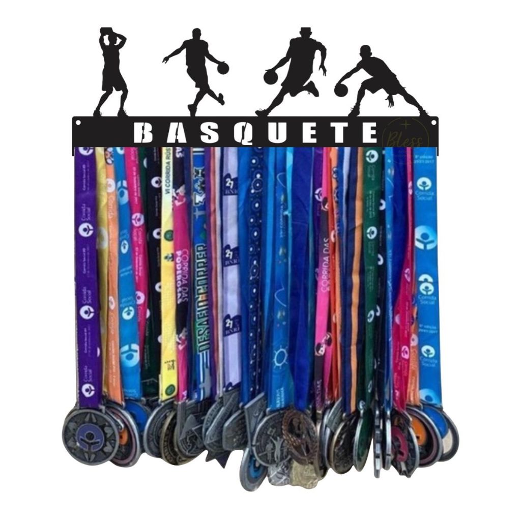 Porta Medalhas Basquete quadro decorativo vazado MDF Preto 20 Ganchos
