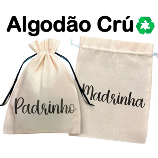 Saquinho de algodão Crú PADRINHO e MADRINHA - Tecido Ecológico sacolinhas ideal para casamentos convites em Oferta na Shopee
