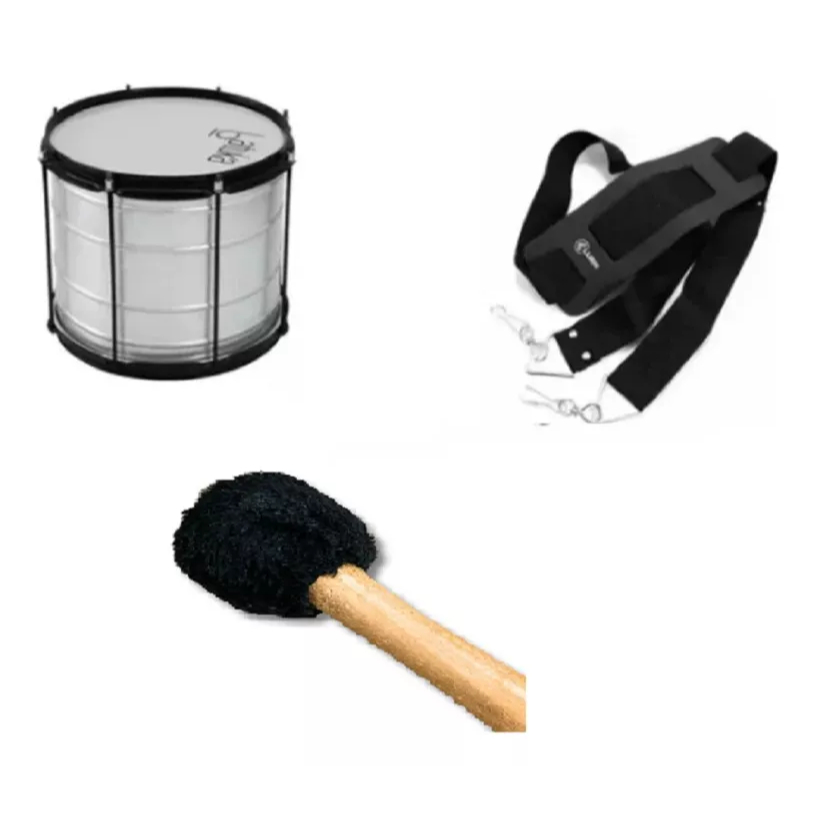 Kit Surdo Batuka com Talabarte 2 Ganchos e Baqueta Maçaneta para Fanfarra e Musicalização