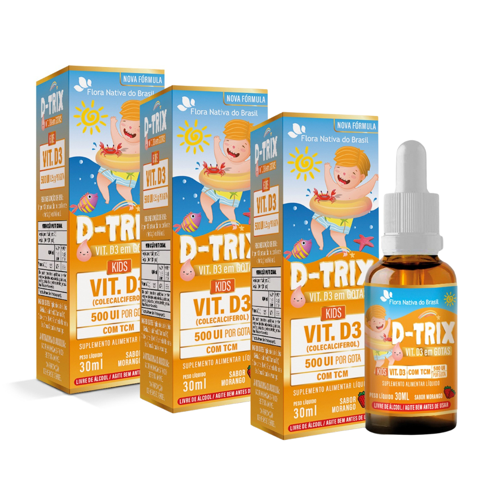 Kit 3 Suplemento Alimentar de Vitamina D Kids ( 500 UI gota) + TCM 30ml Sabor Morango