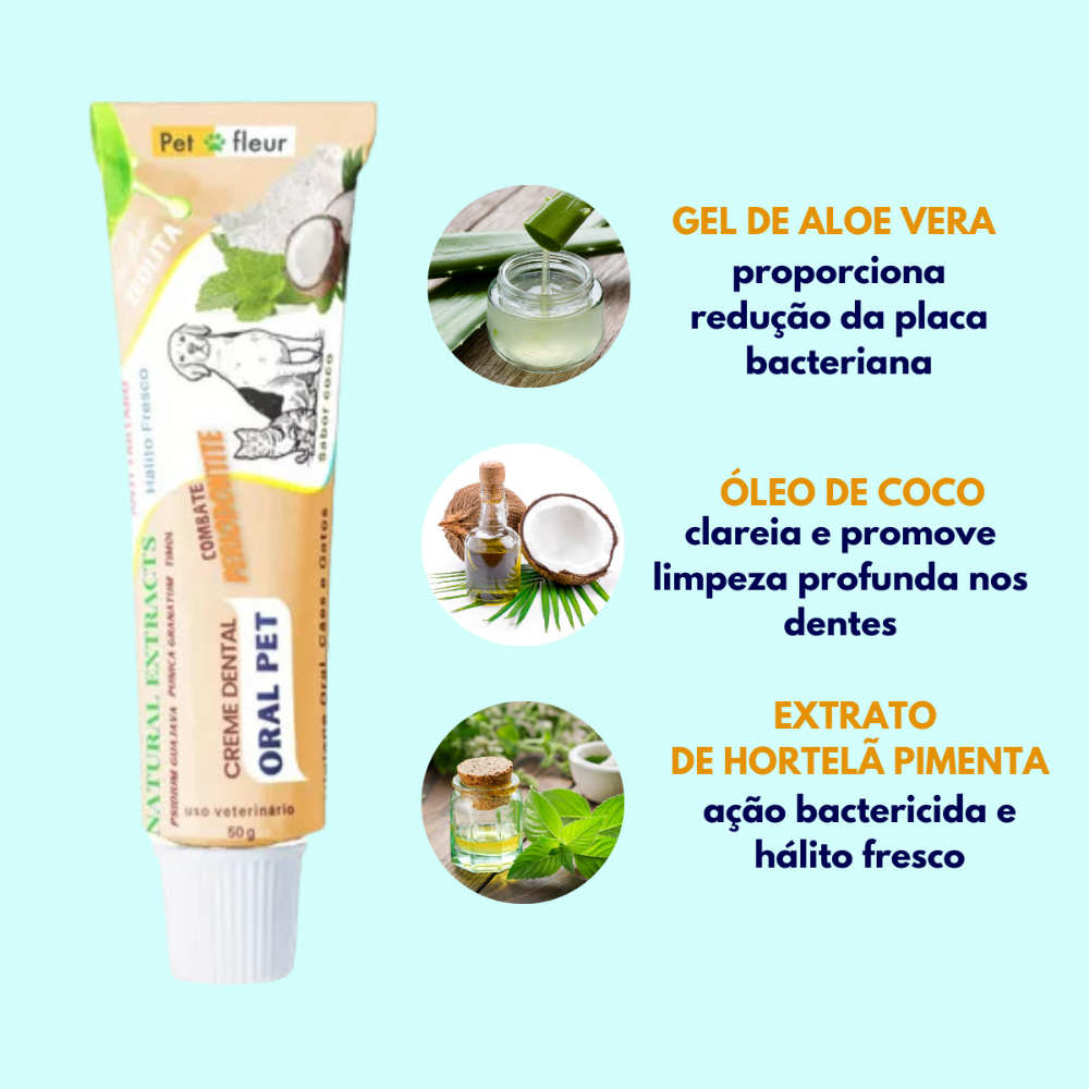 Creme Dental PET Enzimático 100% Natural Petfleur - Anti-Tártaro e Cáries para Cães e Gatos – C/ Escova dental Pet