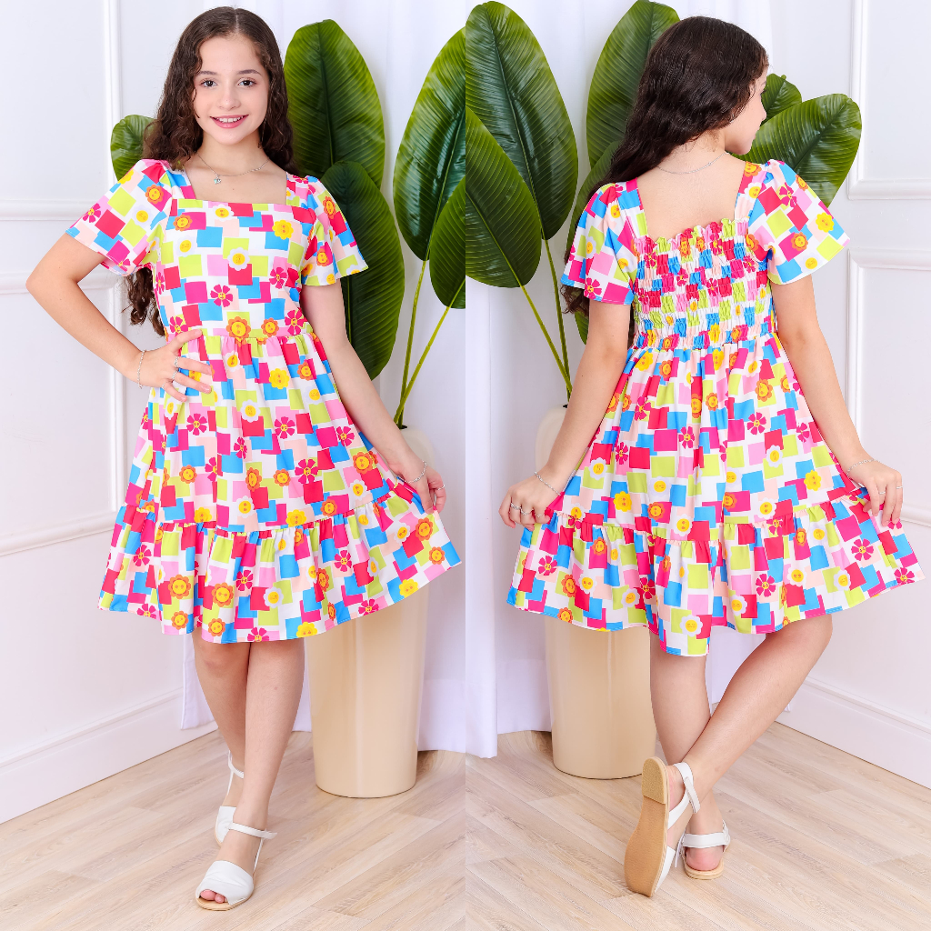 vestido curto  juvenil/infantil   manga flare estampada tecido duna