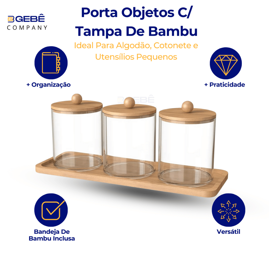 Kit - 3 Porta Algodão/Cotonete Tampa De Bambu + Bandeja De Bambu