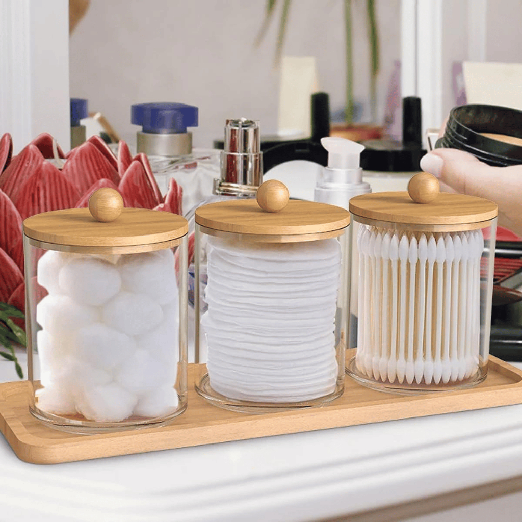 Kit - 3 Porta Algodão/Cotonete Tampa De Bambu + Bandeja De Bambu