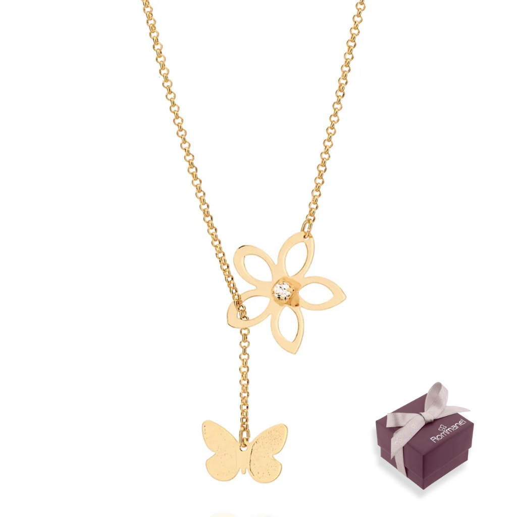 Rommanel Colar Feminino Gravata Elo Português Flor E Borboleta Banhado Ouro 18k 531162