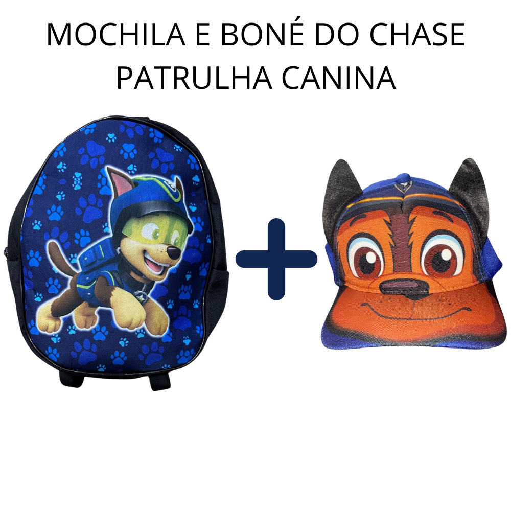 Mochila Escolar e Boné Do Chase Da Patrulha Canina Infantil