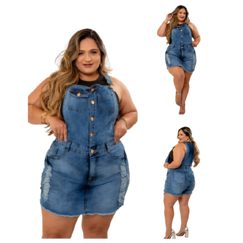 Jardinheira Short Saia Jeans Feminino Plus Size Destroide Lycra