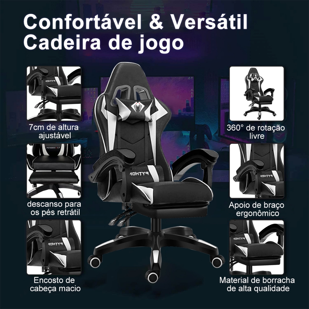 Imagem Cadeira Gamer Ergonômica Reclinável com Apoio de Pés Ajustável e Base Giratória – Máximo Conforto para Longas Sessões de