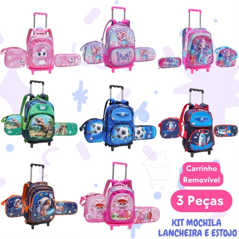 kit Mochila 3 Peças Bolsa Escolar de Rodinha com Alças Menina e Menino Reforçada Personagens 3d