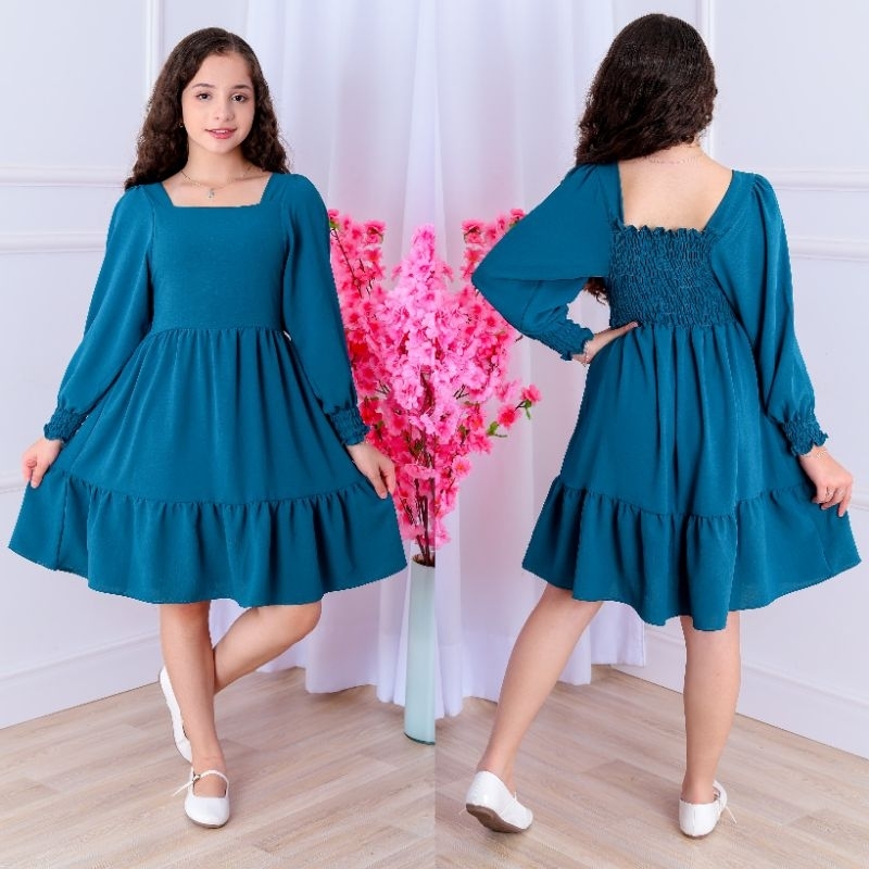 vestido curto juvenil tendencia do momento tecido duna Premium 10 ao 16 anos manga bufante longo gola cuadrada cualidade