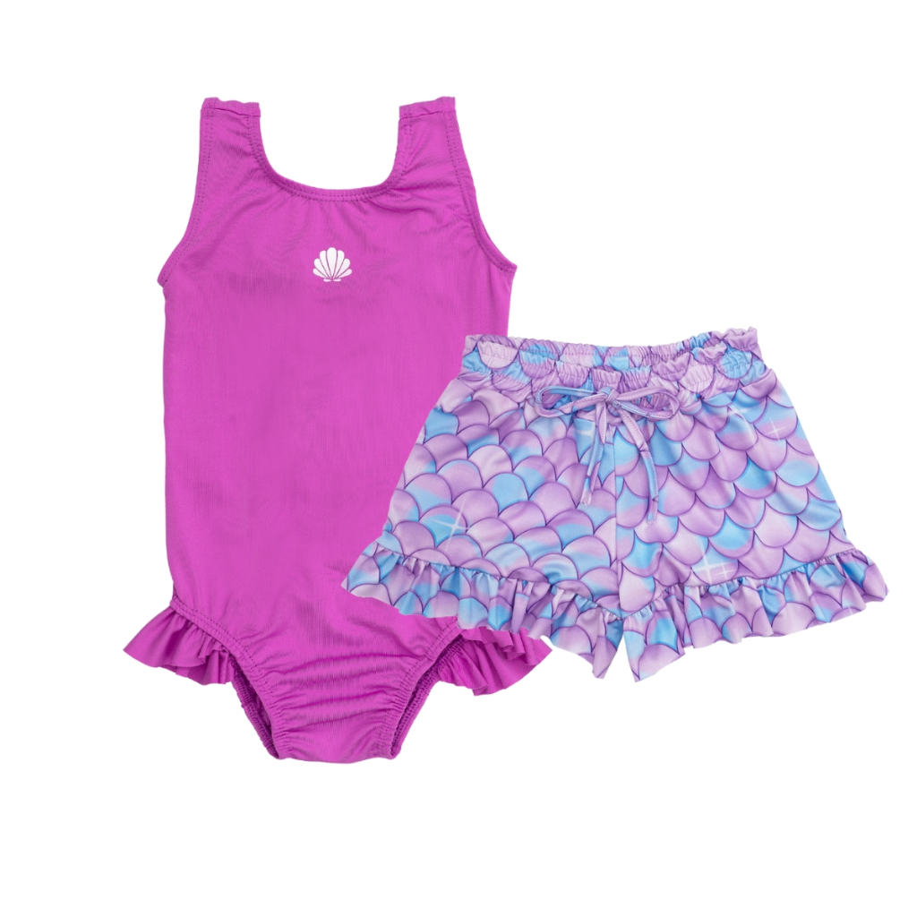 Maiô Praia Piscina Natação Infantil + Shorts Saída De Praia Menina Proteção UV