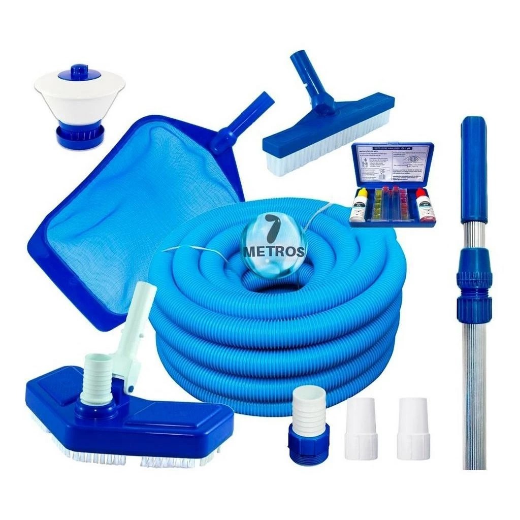 Kit Completo Para Limpeza de Piscina 7m De Mangueira Estojo de Teste Cl Ph + Clorador + Cabo 4m