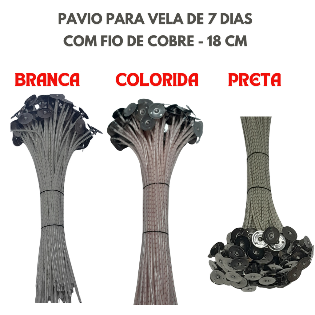 Pavio para velas votivas 7 dias branca preta e colorida 18 cm com fio de cobre