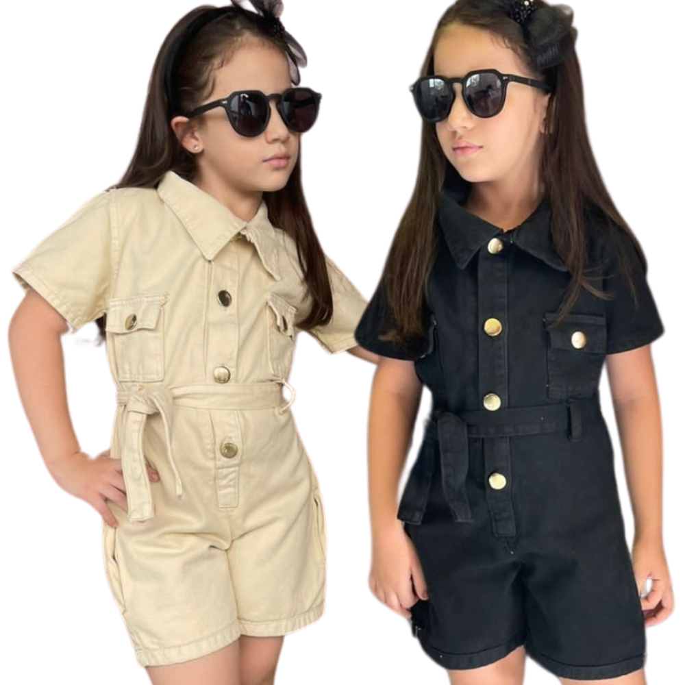 Macacão curto jeans menina infantil em Oferta na Shopee