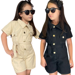 Macacão curto jeans menina infantil em Oferta na Shopee