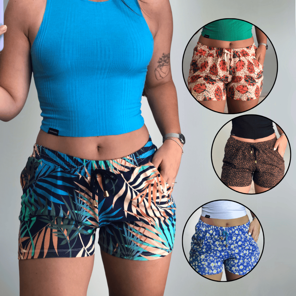 KIT 2 Short Curto Com Bolso Feminino Estampado E Liso Moda Verão Soltinho Super Confortável Plus Size