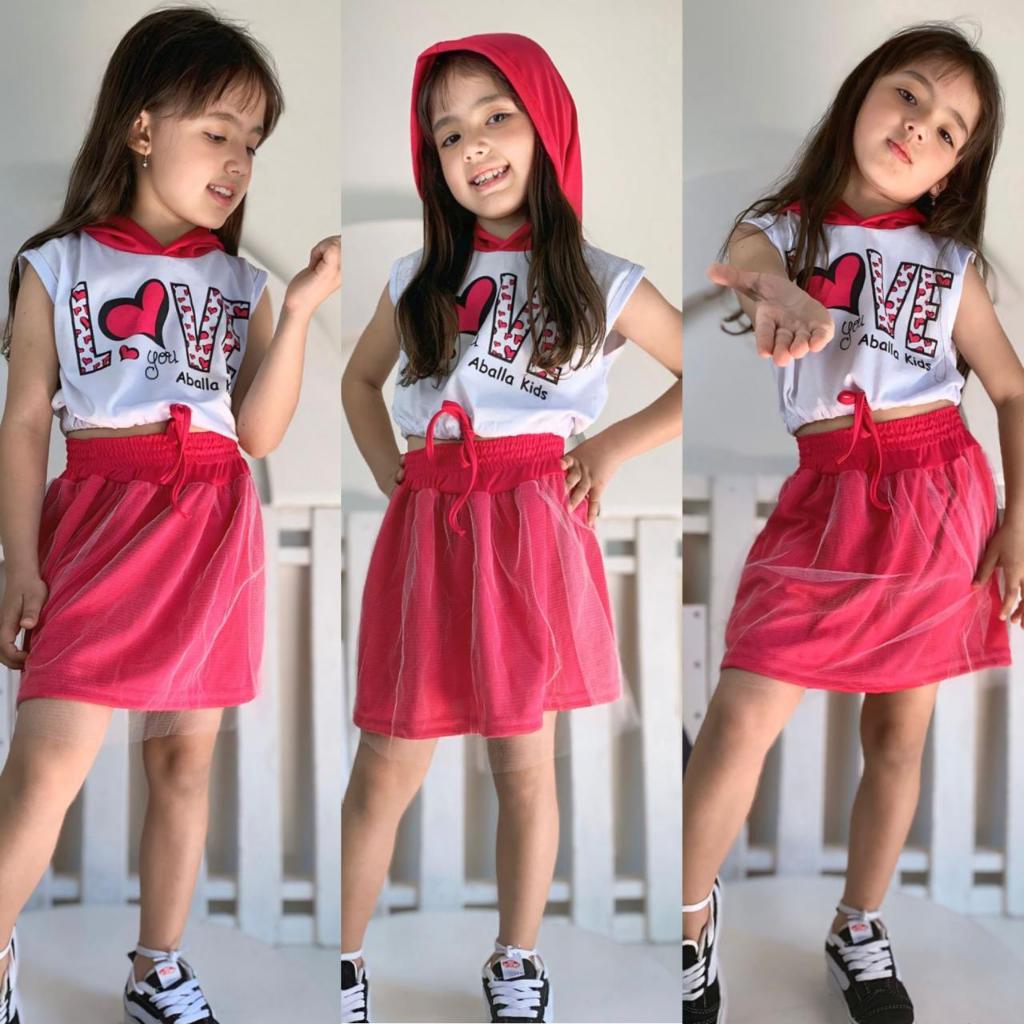 Conjunto Infantil feminino Verão Short Saia e Cropped Blogueirinha Luxo Veste Até 12 anos