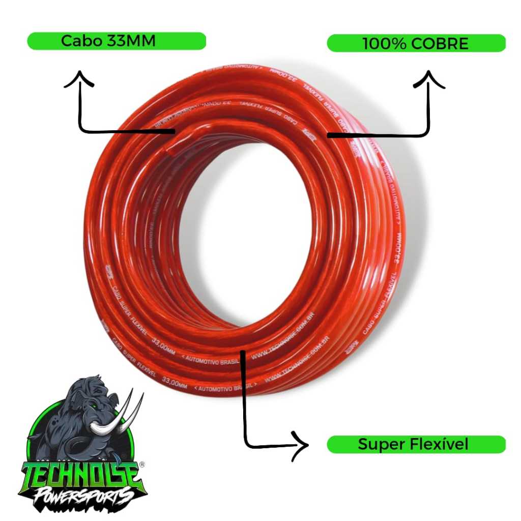 Cabo 33mm Technoise Força Automotivo 100% Cobre Rolo 3 Metros