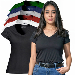 Kit 5 Camisetas Blusinhas Feminina Baby look Gola V Lisa Algodão Fio 30.1 Fafenix Original em Oferta na Shopee