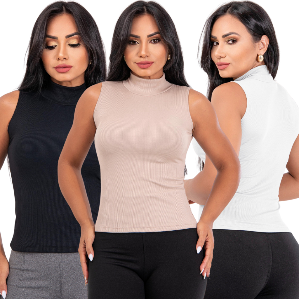 Blusa Feminina Regata Gola Alta Canelada Elegante Casual Básica e Confortável