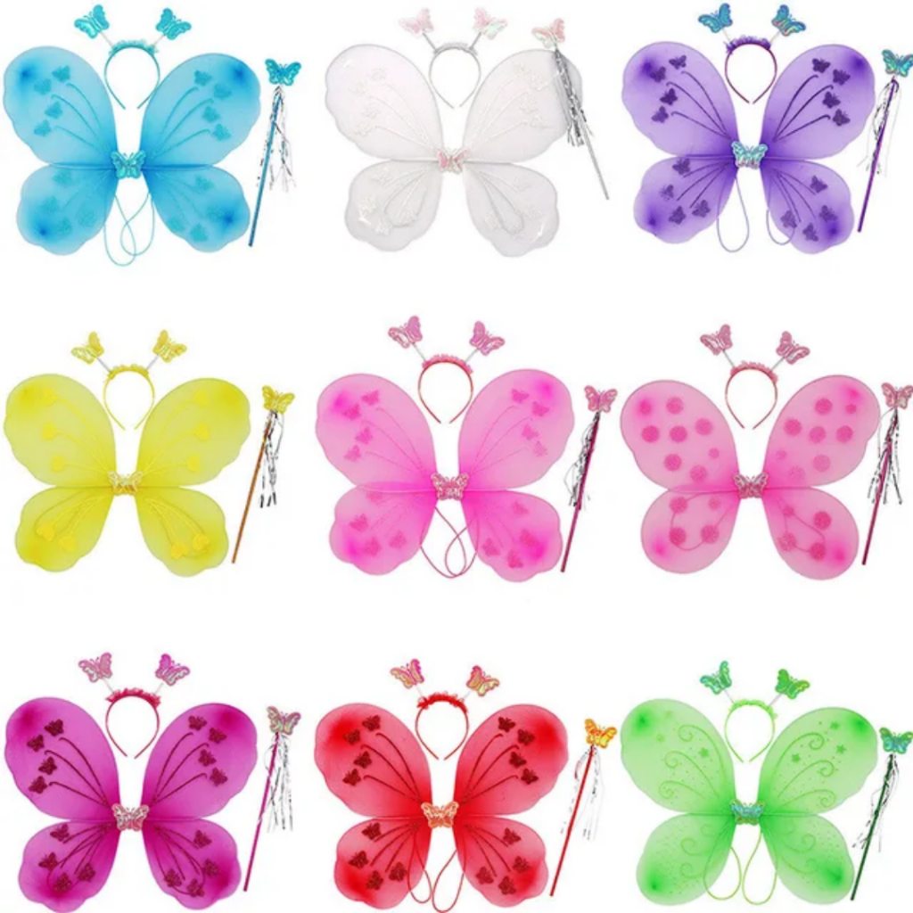 Kit 3 Peças Borboleta Festivo Asa De Borboleta Arco Varinha Brilhante Glitter Colorido Fantasia Infantil E Adulto