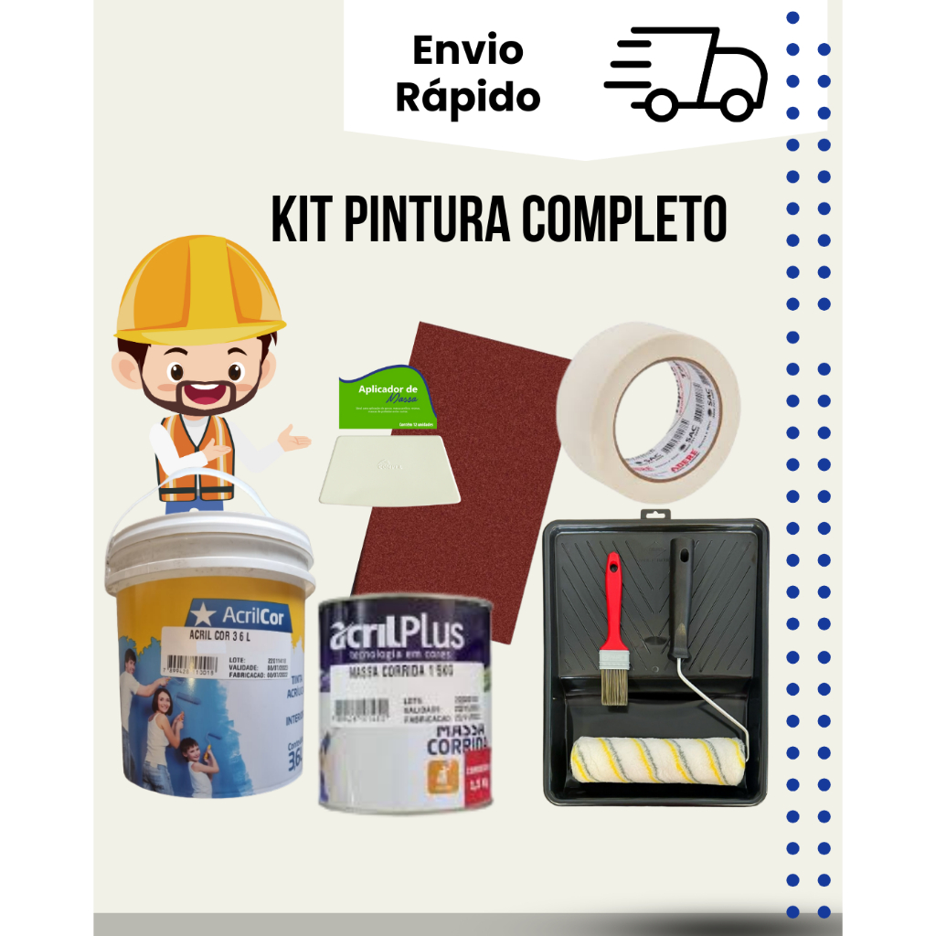 KIT PINTURA TINTA PVA 3,6KG + MASSA CORRIDA 1,5KG + LIXA MASSA + FITA CREPE + ROLO/PINCEL/BANDEIJA +APLICADOR DE MASSA