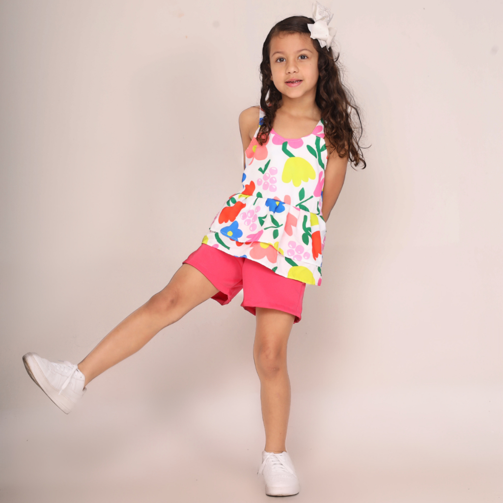 Conjunto infantil feminino roupa criança modinha menina short rosa blusa babado estampado floral
