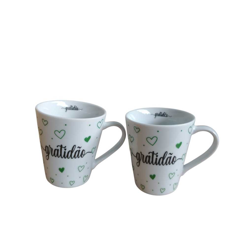 JOGO KIT 2 CANECA TULIPA 240 ML ESMALTADA BRANCO DECORADA FAIXA LINDOS CORAÇÕES VERDES GRATIDÃO EM PRETO ÓTIMO PRESENTES