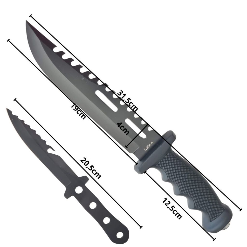 Faca  Bowie Sobrevivencia Bushcraft  Preta Com Bainha Rigida Aço Inox Fosfatizado E Faca Pequena