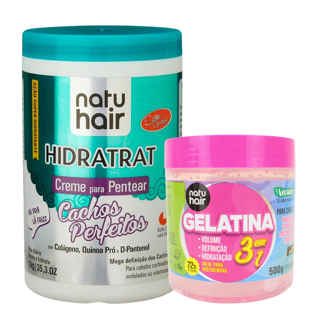 Kit Creme para Pentear Cachos Perfeitos 1kg +  Gelatina 3 em 1 Modeladora de Cachos Natuhair 500g