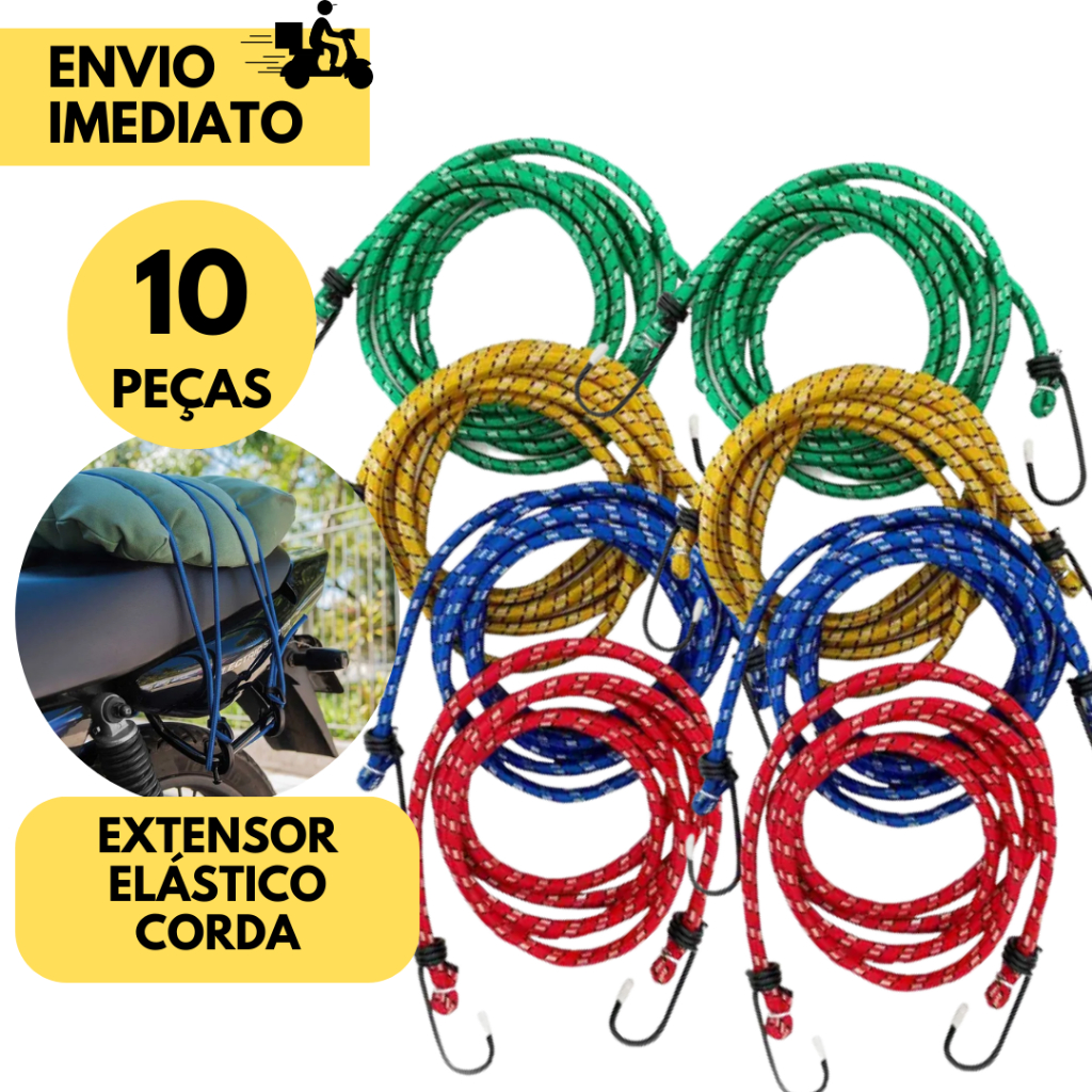 Kit 10 Corda Elástica Extensora c/ 2 Ganchos p/ Bagageiro Tam 1,50mt x 8mm Moto Motoboy Amarrar Bagagens Bike Coloridos.