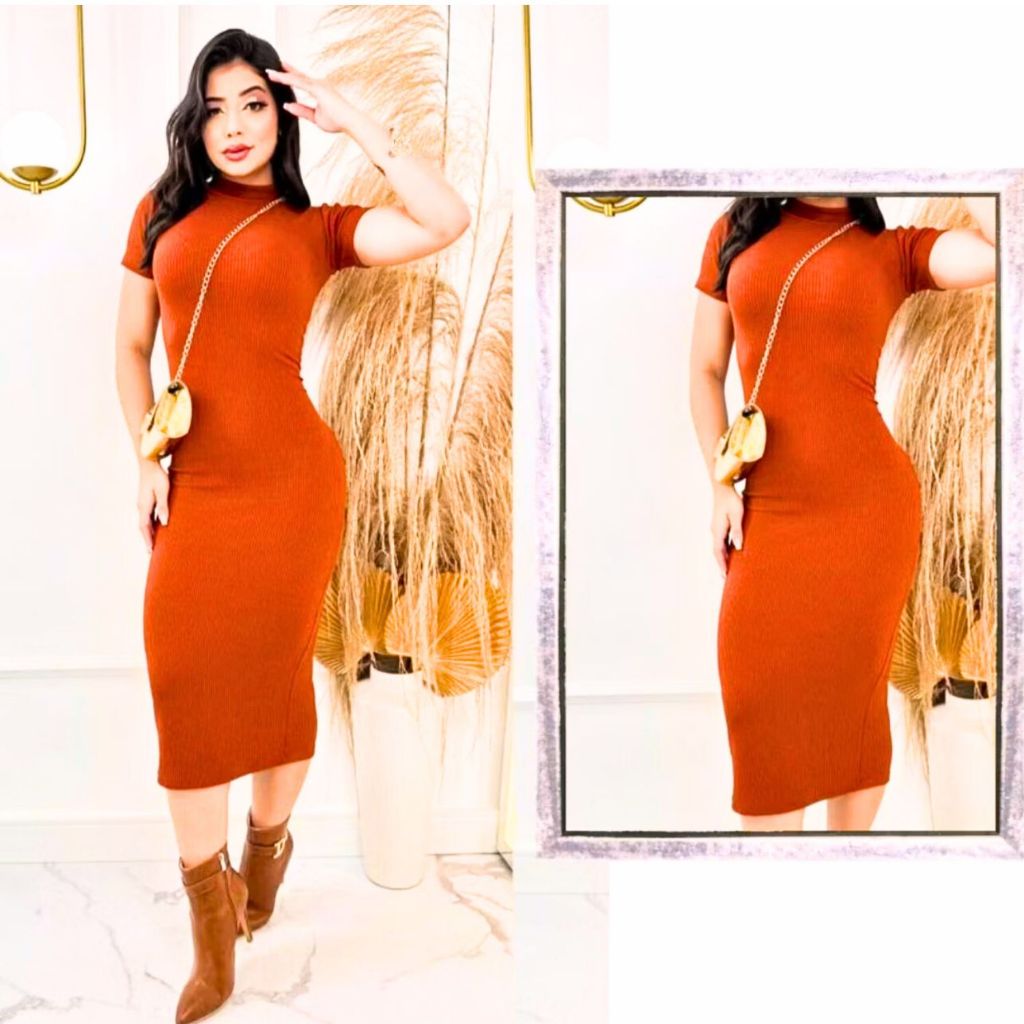 Vestido Feminino Midi Canelado com Manga Elegância e Ousadia em Uma Peça — imagem 2 de 2