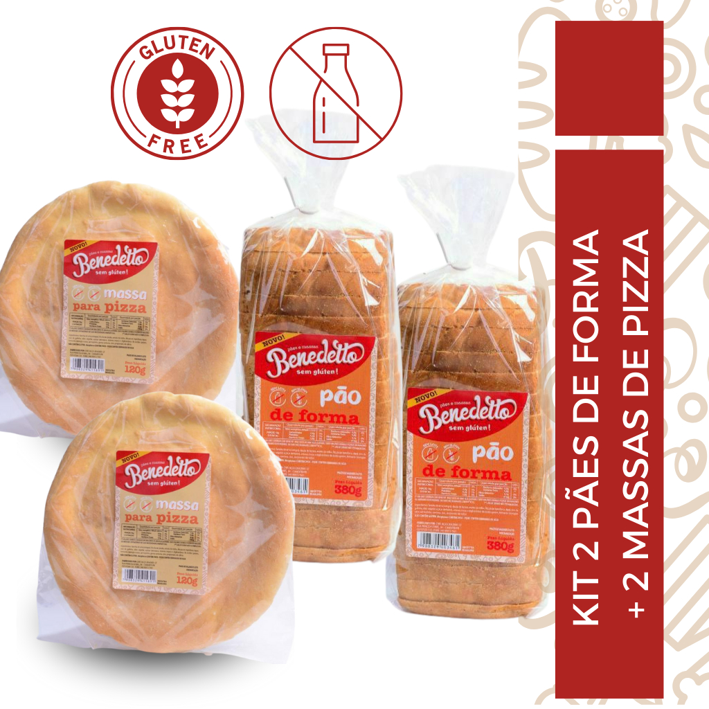 KIT 02 MASSA PIZZA + 02 PÃO DE FORMA BENEDETTO SEM GLÚTEN SEM LEITE SAUDÁVEL