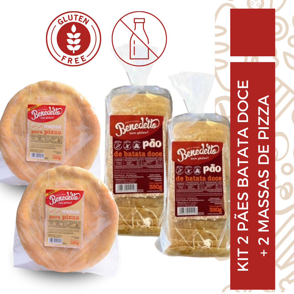 KIT 2 MASSA PIZZA + 2 PÃO BATATA DOCE BENEDETTO SEM GLÚTEN SEM LEITE SAUDÁVEL