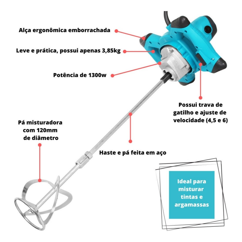 Misturador De Argamassa E Tinta Elétrico 6 Velocidades 1200w Voltagem 220v ou 110v Gesso Rejunte Textura marca Tssaper