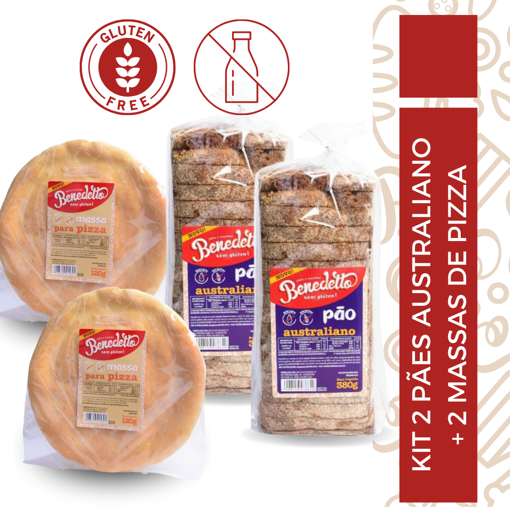 KIT 2 MASSA PIZZA + 02 PÃO AUSTRALIANO BENEDETTO SEM GLÚTEN SEM LEITE SAUDÁVEL
